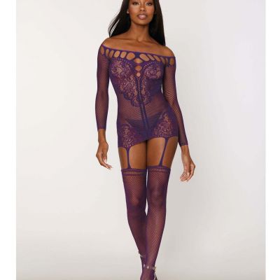 Purple Scalloped Lace Fishnet Garter Dress with Stockings Bodystocking Dreamgirl